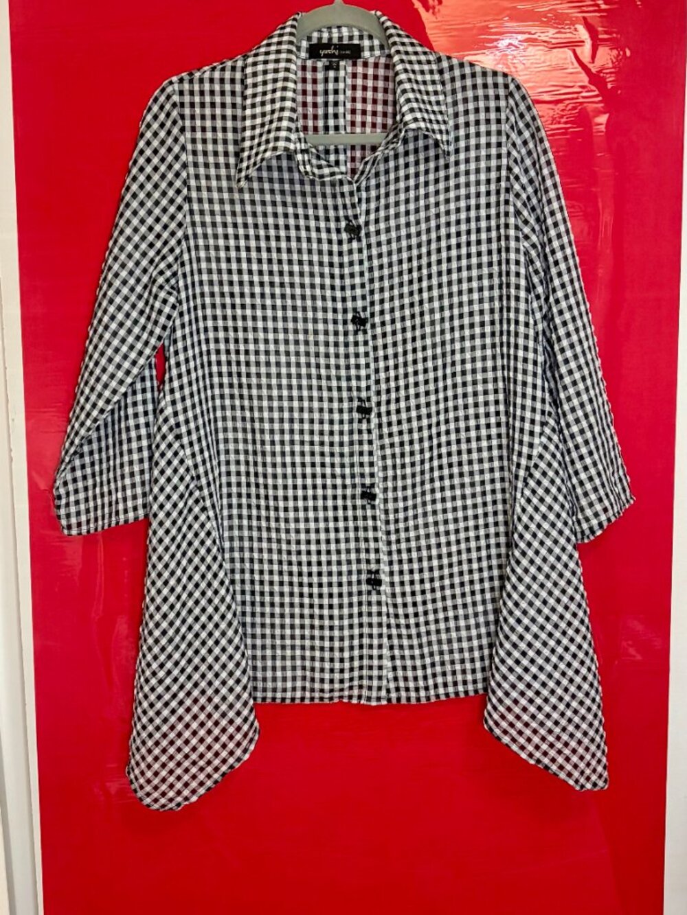 Yushi Gingham Asymmetric Tunic Shirt Button Back Lagenlook